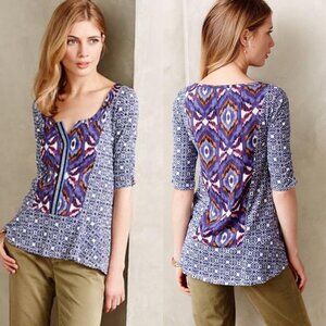 Anthropologie Akemi + Kin Bohemian Purple  & Blue Split Neck Ikat Blouse Size M